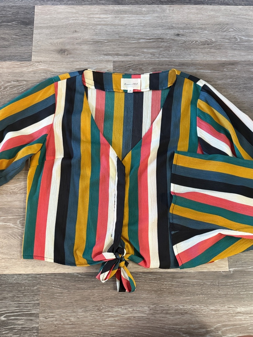 Line & Dot Multicolor Vertical Stripe V‑Neck Tie-Front Blouse